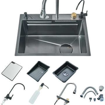 Stainless Waterfall Kitchen Sink – Single Bowl with Integrated Faucet Soap And Cup Washer