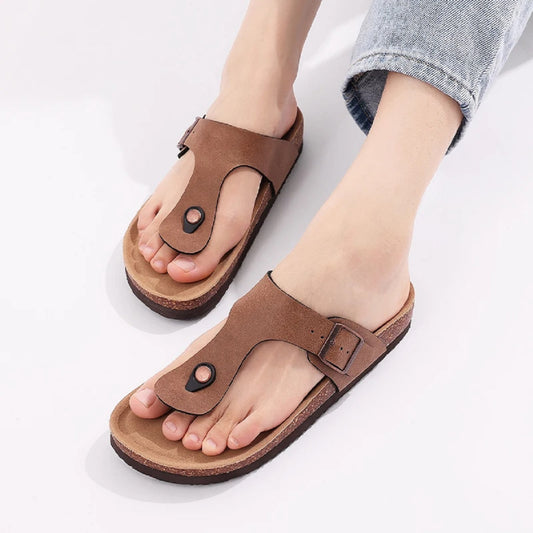 Women’s Cork Sandals – Open-Toe Flats with Adjustable Buckle