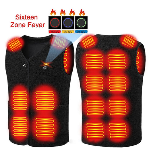 16-Zone USB Heated Vest – Teddy Velvet V-Neck Electric Warming Jacket