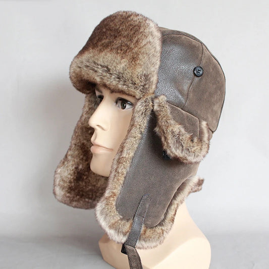 Winter Warm Hat with Ear Flap Pu Leather Fur Trapper Cap