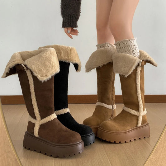 Women’s Winter Snow Boots – Fur Lined Platform Flats Vintage Long Booties