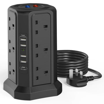 Tower Extension Lead – 1.8 m Cable 12-Way with USB and 18 W USB-C Fast Charger