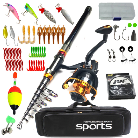 carbon telescopic spinning fishing rod reel full kit BLXCK NORWAY™