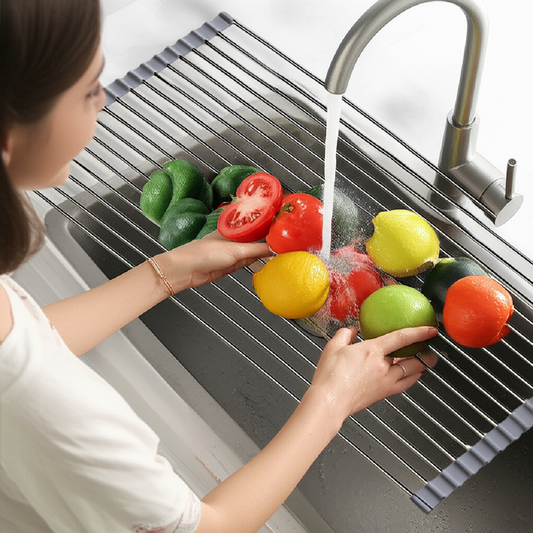 Stainless Steel Folding Dish Drying Rack – Over-Sink Roll-Up Drain Pad and Heat-Resistant Mat