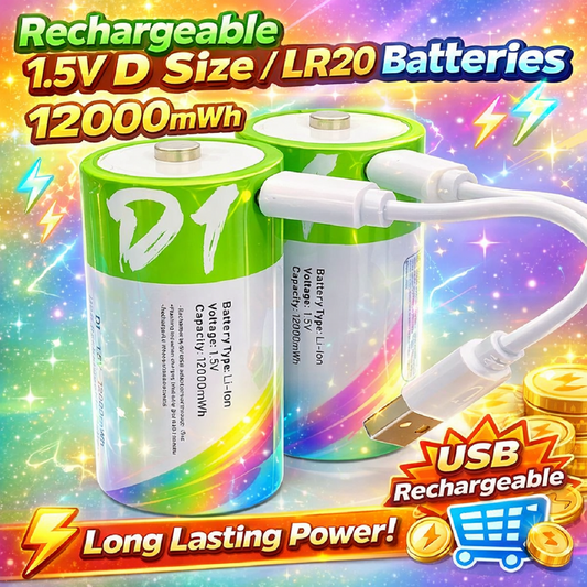 1.5V D-Size Rechargeable Lithium Battery 12000mWh with USB-C Charging