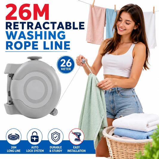 26m Wall-Mounted Retractable Double Clothesline 180° Swivel Drying Line