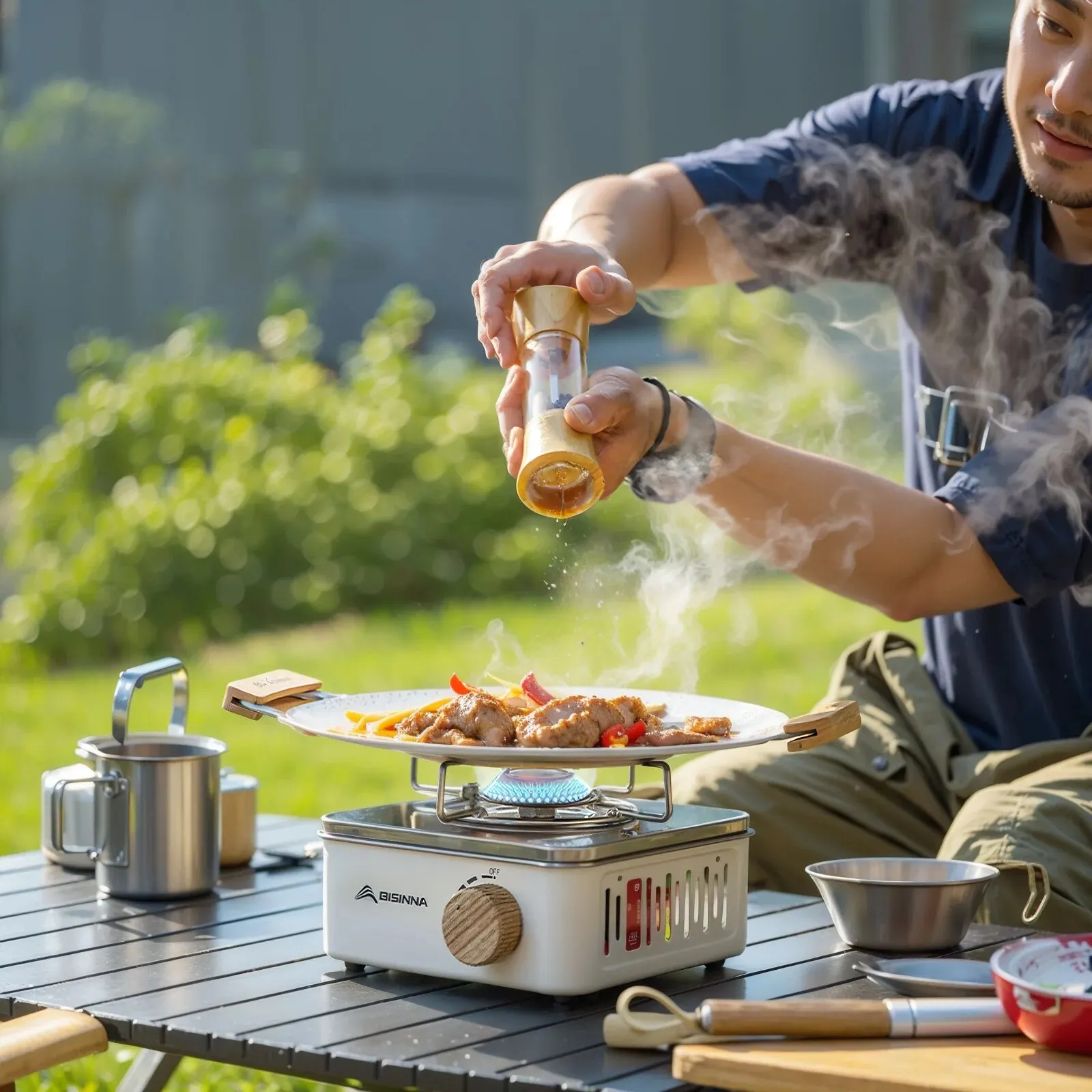 Portable Lotus Windproof Gas Stove With Hose - Mini Outdoor Camping Cooker For Flat Gas Tanks, Silver