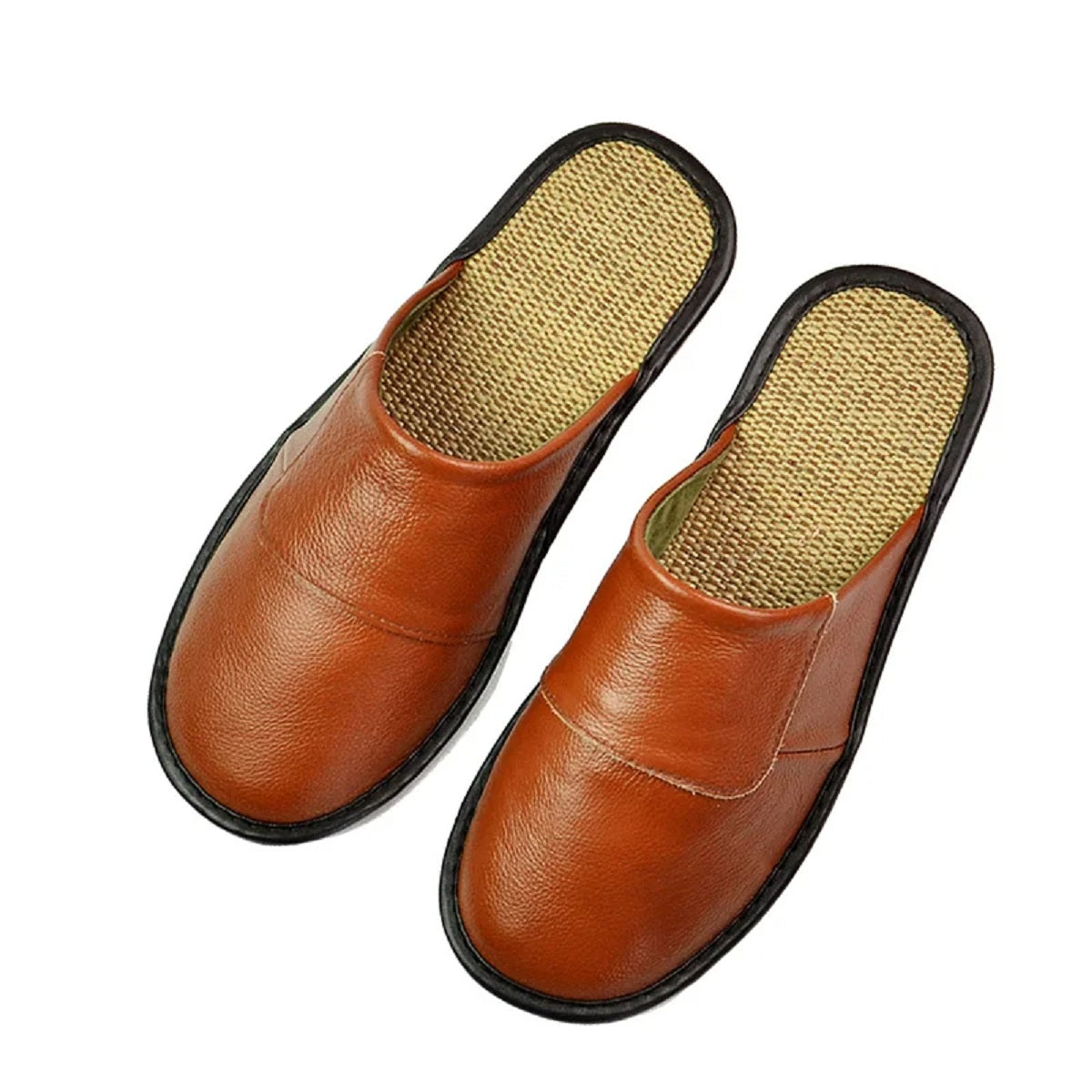 Men's Genuine Leather Linen Bottom Flat Slippers