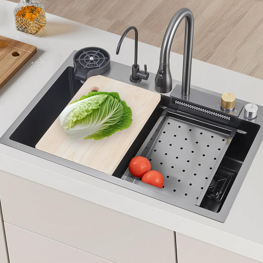 Stainless Waterfall Kitchen Sink – Single Bowl with Integrated Faucet Soap And Cup Washer