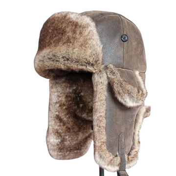 Winter Warm Hat with Ear Flap Pu Leather Fur Trapper Cap