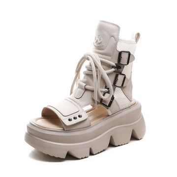 Women’s Genuine Leather Wedge Sandals Breathable Platform Ankle Shoes with Zip