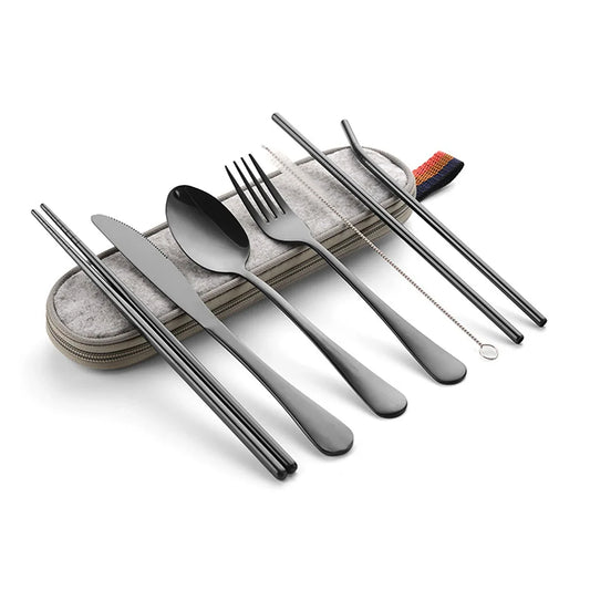 8pcs Reusable Travel Cutlery with Case Stainless Steel Camping Flatware Set