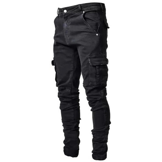 Men's Elastic Denim Cargo Joggers – Slim Fit Multi-Pocket Mid-Waist Casual Pants