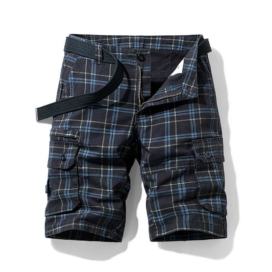 Men’s Plaid Cargo Shorts – Cotton Quick-Dry Breeches with Multi Pockets