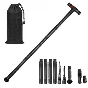 Tungsten Steel T-Handle Walking Stick Detachable Folding Outdoor Camping Pole
