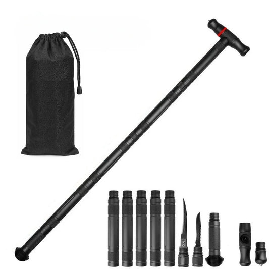Tungsten Steel T-Handle Walking Stick Detachable Folding Outdoor Camping Pole
