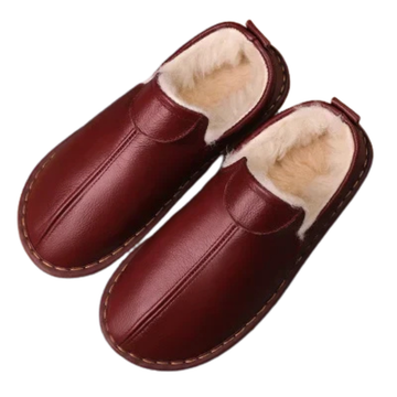 Genuine Leather Winter Slippers – Anti-Slip Warm Wool for Men & Women