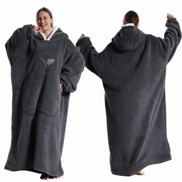 Extra Long Wearable Blanket – Hooded Flannel with Sleeves for Adults