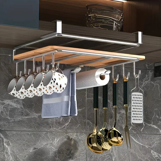 Stainless Steel Kitchen Hanging Rack – Wall-Mounted Storage Shelf with Hooks