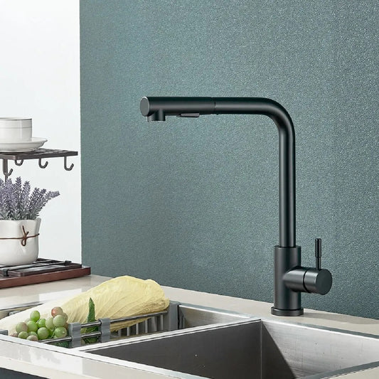 Black Pull-Out Kitchen Sink Faucet with Dual-Mode Sprayer Mixer Tap