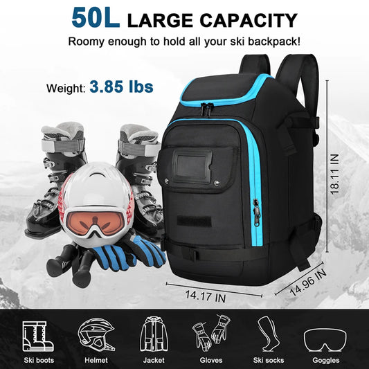 Ski Boot Bag Backpack 50L – Waterproof Travel Bag with Helmet & Goggles Storage