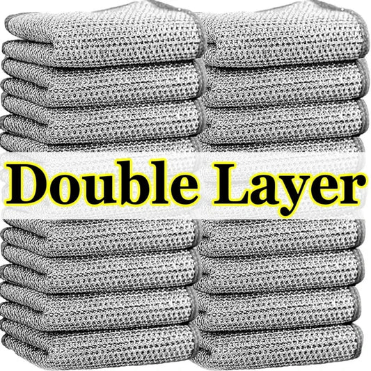 Steel Wire Cleaning Cloths – Double-Layer Silver Fibre Dishcloths for Kitchen Cleaning