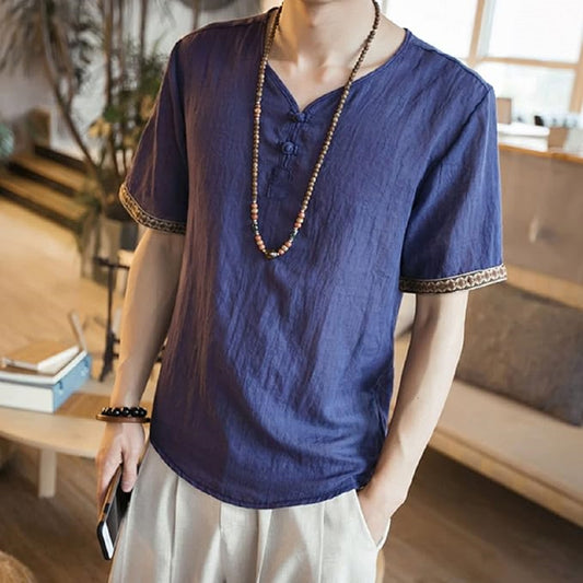 Men’s Summer Short Sleeve Shirt – Lightweight Korean Style Plain Blouse Tee