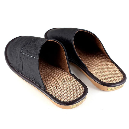 Men's Genuine Leather Linen Bottom Flat Slippers