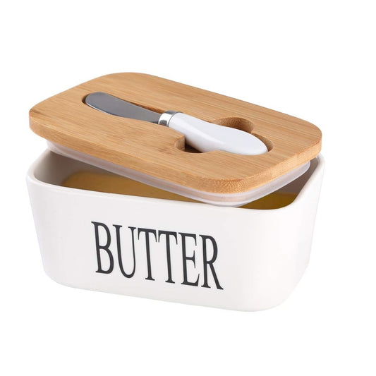 Ceramic Butter Box Dish with Wooden Lid and Knife