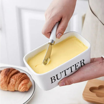 Ceramic Butter Box Dish with Wooden Lid and Knife