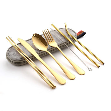 8pcs Reusable Travel Cutlery with Case Stainless Steel Camping Flatware Set