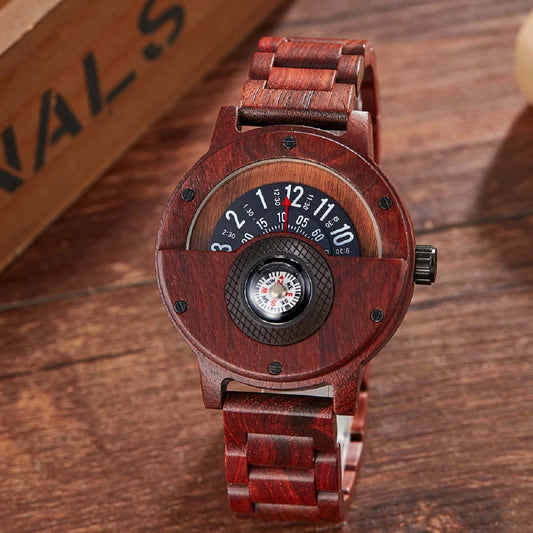 Turntable Compass Wooden Watch – Real Walnut & Ebony Timepiece for Men
