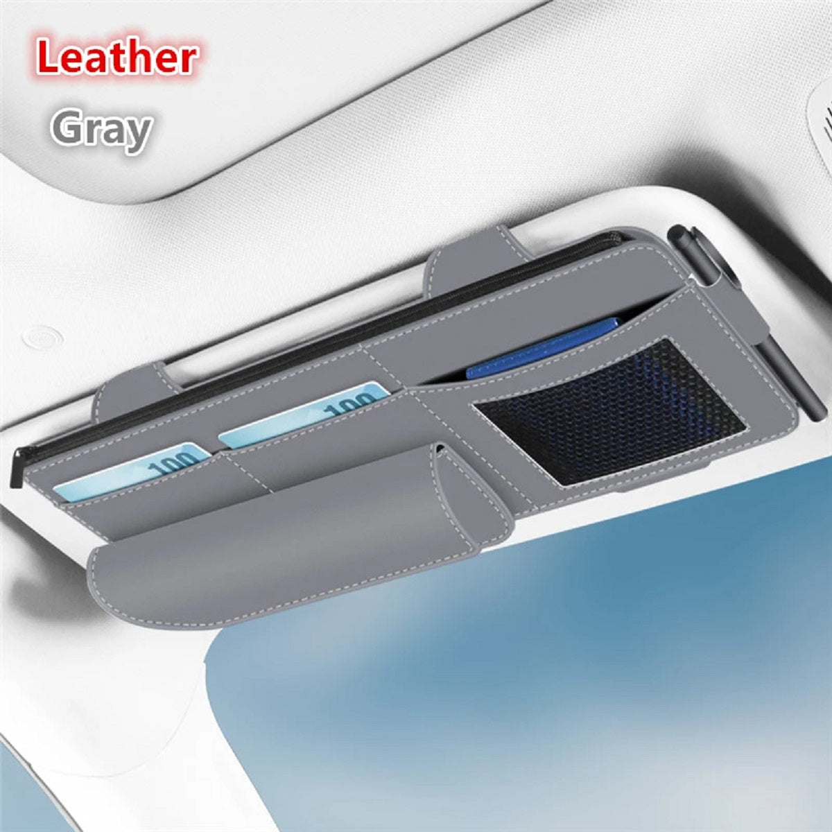 Car Sun Visor Organiser – Suede Leather Storage Bag with Glasses Clip and Card Holder