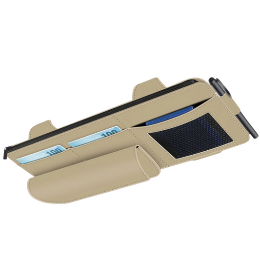 Car Sun Visor Organiser – Suede Leather Storage Bag with Glasses Clip and Card Holder