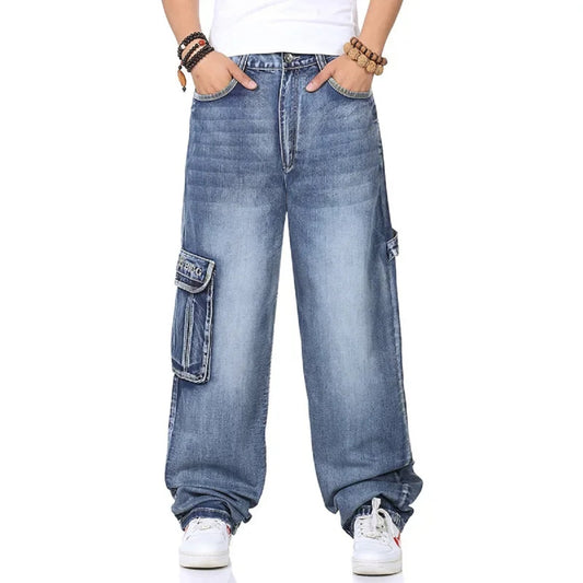 Men’s Plus Size Baggy Jeans – Multi-Pocket Denim Trousers