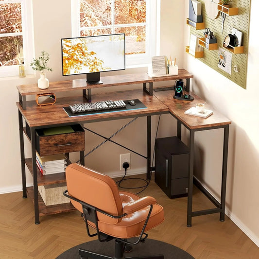 L-Shaped Desk with Power Outlet – Corner Computer Table with Storage