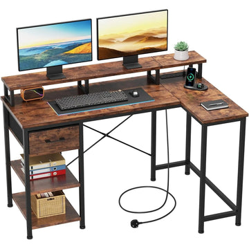 L-Shaped Desk with Power Outlet – Corner Computer Table with Storage