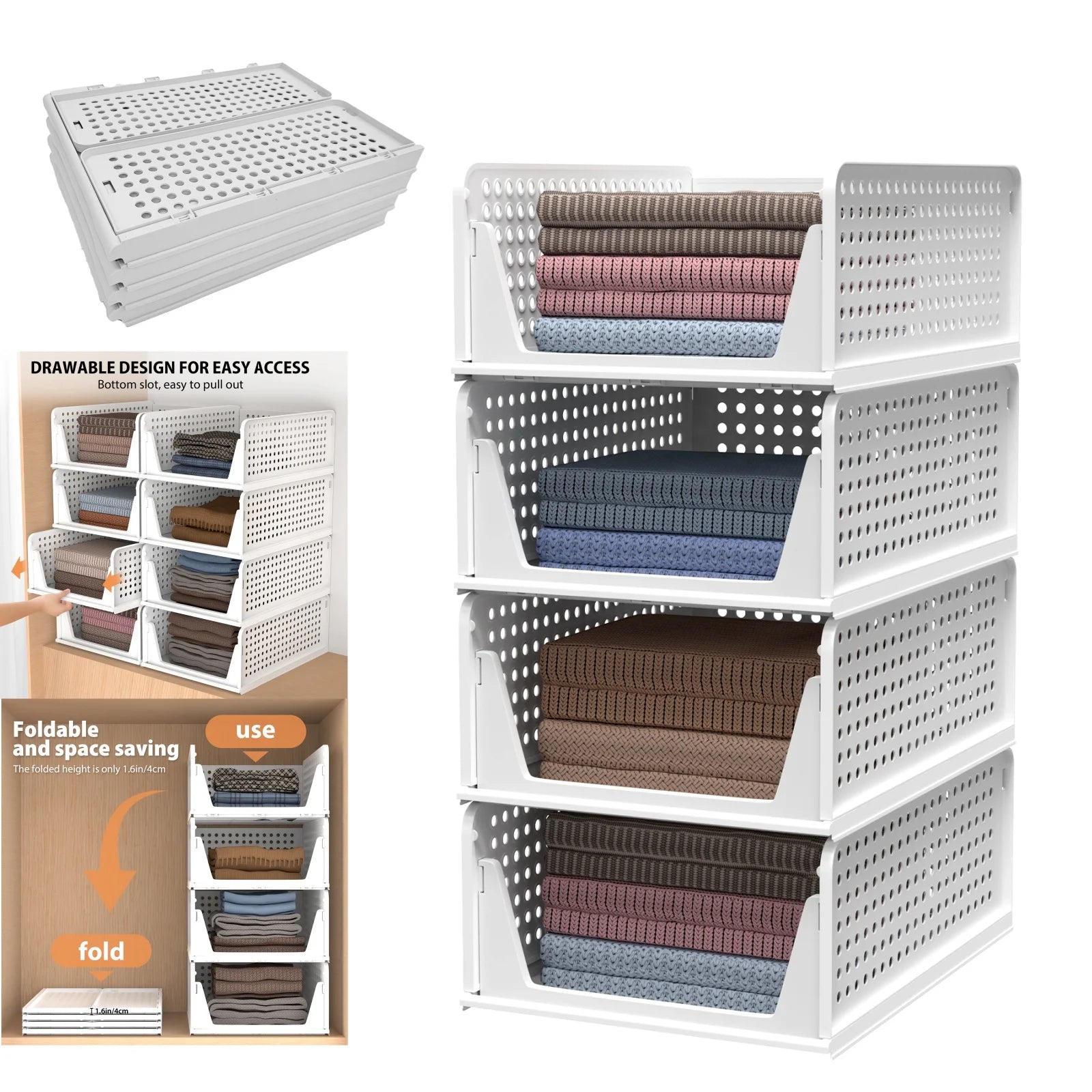 4-Pack Wardrobe Organiser – Stackable Folding Plastic Storage Baskets