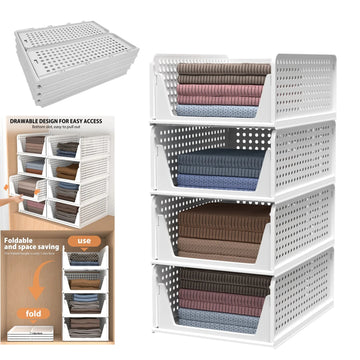 4-Pack Wardrobe Organiser – Stackable Folding Plastic Storage Baskets