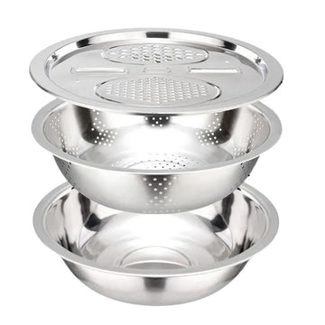 3-Piece Stainless Steel Strainer Mixing Bowl Set for Fruit and Veg Prep