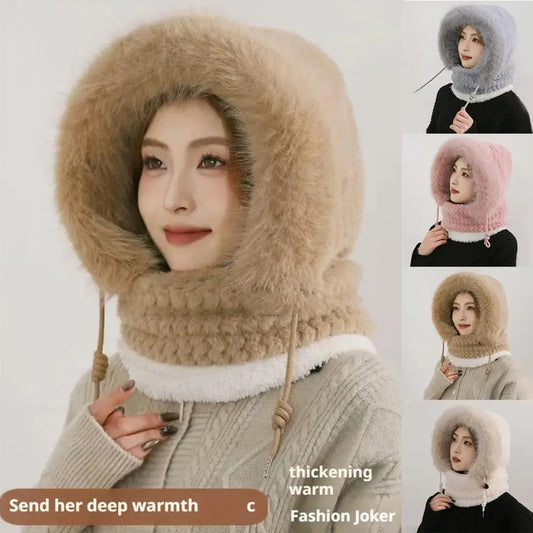 Women’s Winter Plush Hat & Scarf Set – Windproof Thermal Hood with Ear Protection