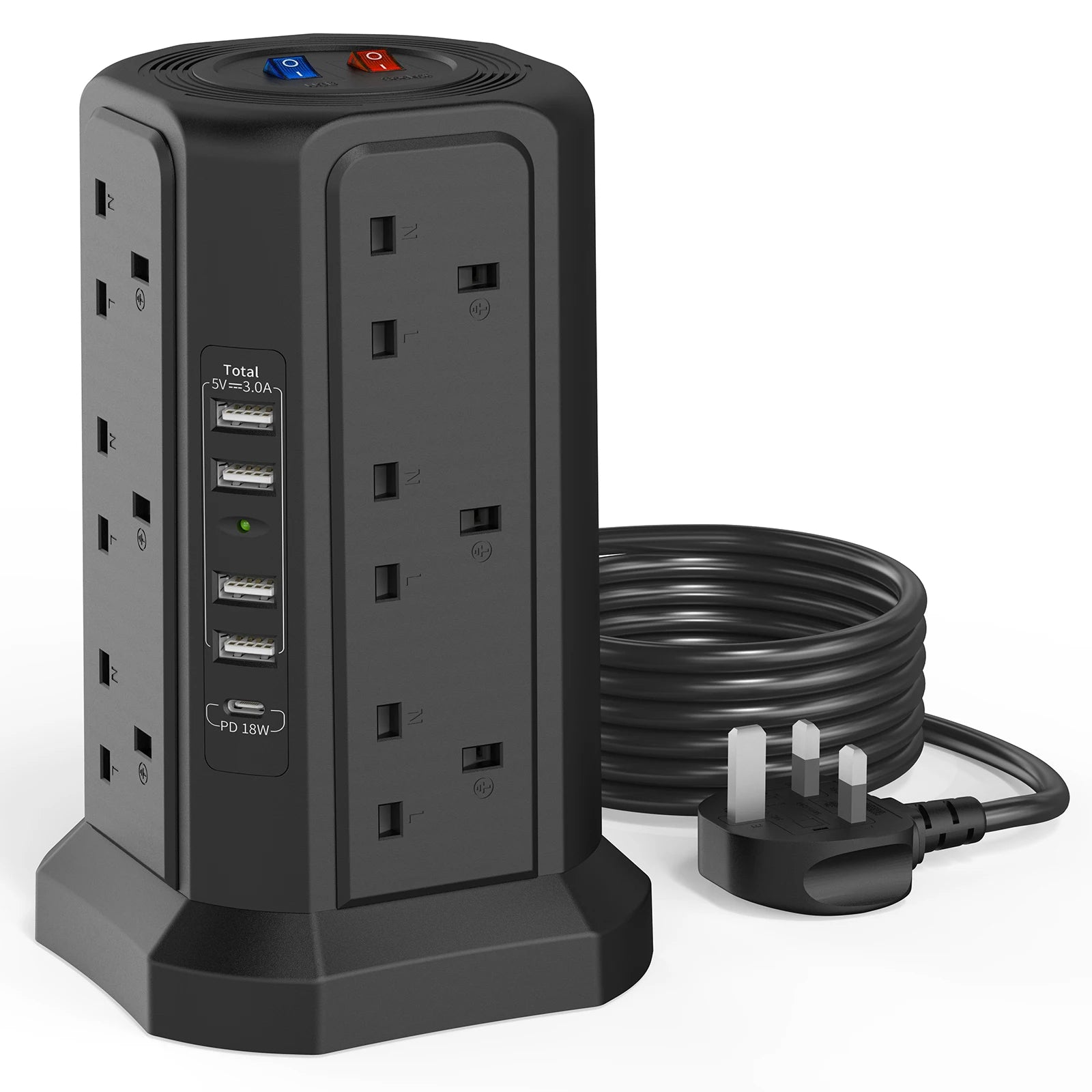 Tower Extension Lead – 1.8 m Cable 12-Way with USB and 18 W USB-C Fast Charger