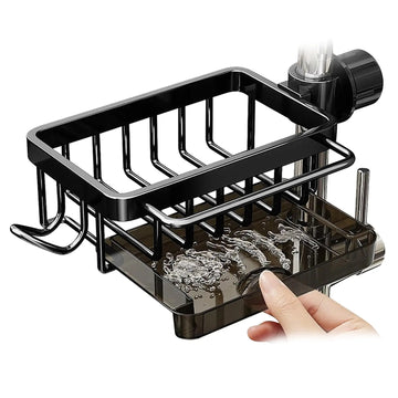Aluminum Sink Faucet Organizer – Adjustable Sponge Holder with Drain Tray