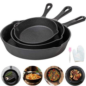 3-Piece Cast Iron Frying Pan Set – Uncoated Non-Stick Skillets & Stir-Frying