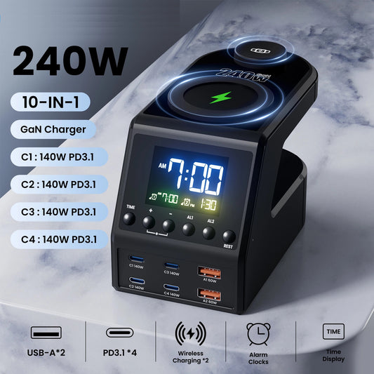 Charger Station – 4×140W USB-C & Wireless Fast Charger with Clock