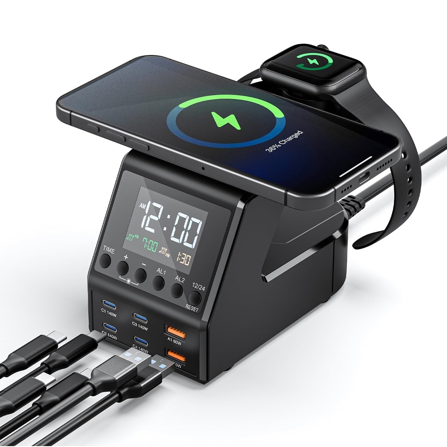 Charger Station – 4×140W USB-C & Wireless Fast Charger with Clock
