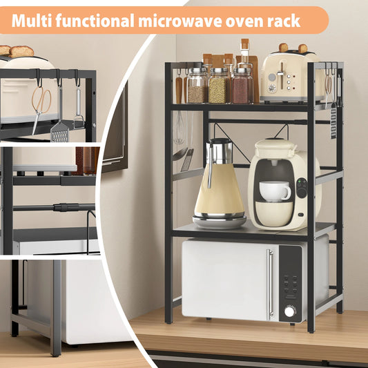 3-Tier Extendable Microwave Rack with 6 Hooks Kitchen Counter Organizer