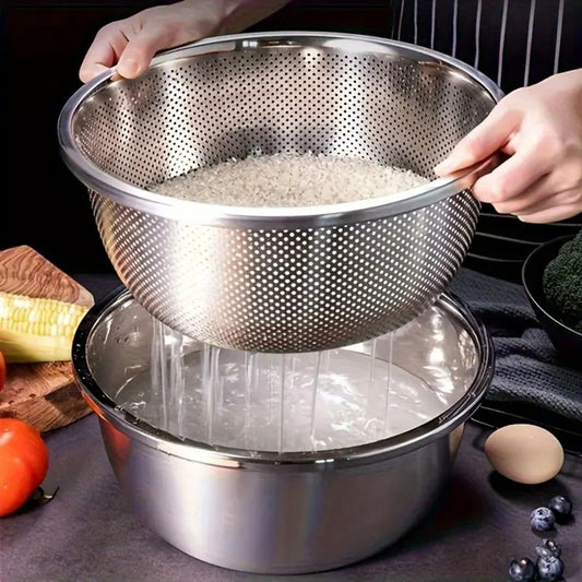 Stainless Steel Rice Washing Bowl – 2-in-1 Colander & Fruit Strainer