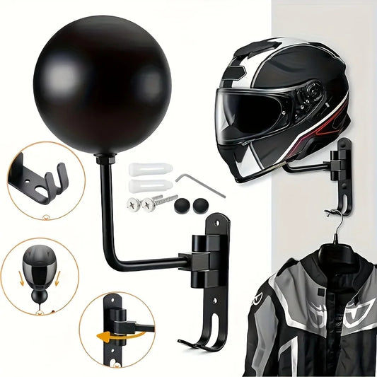 180° Swivel Motorcycle Helmet Holder Wall-Mounted Metal Rack with Hook Shelf