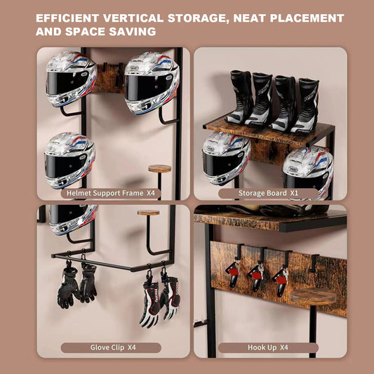 Wall-Mounted Motorcycle Helmet Holder Rack Gear Organizer with Hooks